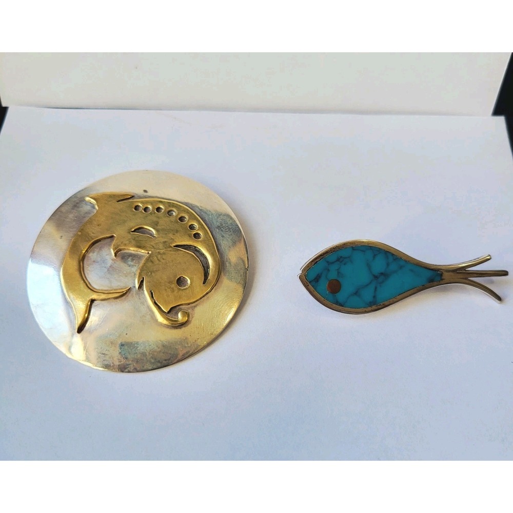 Alpaca Silver Koi Fish Pin /Pendant And Alpaca Turquoise Fish Pin